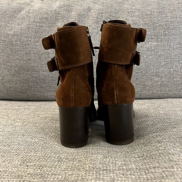 EUC Aquatalia Irene Brown Suede Boots Sz 8.5 Heeled Buckle Lace Up Ankle Booties - Picture 4 of 16